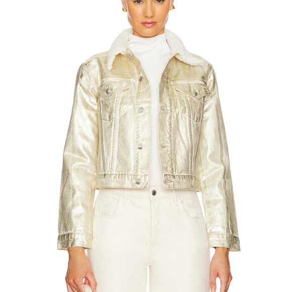 NEW SIMKHAI Copeland Jacket in Matte Gold White Bomber Moto Small S Jonathan